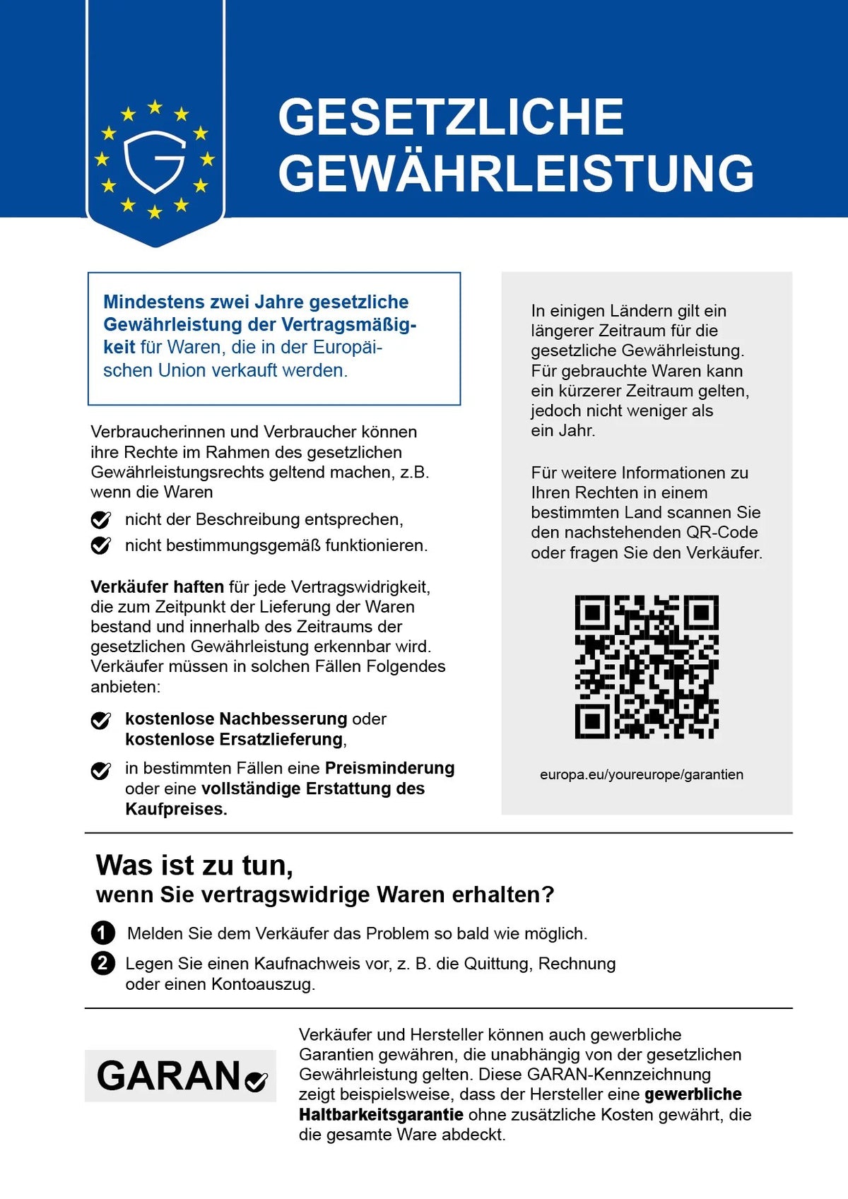Gesetzliche Gewährleistung – mindestens zwei Jahre für Waren, die in der EU verkauft werden